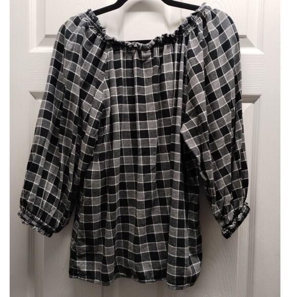 Knox Rose Size Large Black White Check On or Off Shoulder 3/4 Sleeve Peasant Top - Picture 3 of 6
